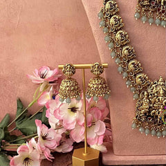 Vriksham Royal Lakshmi Temple Antique Gold Finish Bridal Set-Aqua Green Bead-G21044