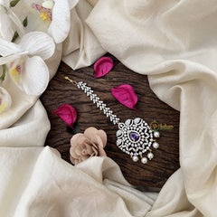 Vriksham Antique Royal Peacock AD Stone Maang Tikka-Purple-Pearl-G19515