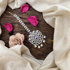 Vriksham Antique Royal Peacock AD Stone Maang Tikka-Purple-Pearl-G19515