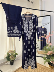 Vriksham Navy Blue Chikankari Kurti & Pajama Set-VS4327