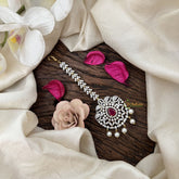 Vriksham Antique Royal Peacock AD Stone Maang Tikka-Red-Pearl-G19513