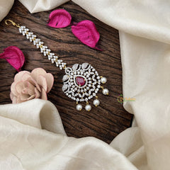 Vriksham Antique Royal Peacock AD Stone Maang Tikka-Red-Pearl-G19513