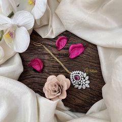 Vriksham Diya Style AD Stone Maang Tikka-Red-G19498