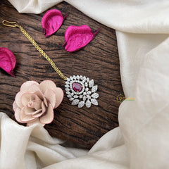 Vriksham Diya Style AD Stone Maang Tikka-Red-G19498