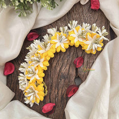 Vriksham Yellow With White Floral Crystal Style Golden Buds Gajra Flower Accessories-H1215