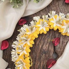 Vriksham Yellow With White Floral Crystal Style Golden Buds Gajra Flower Accessories-H1215