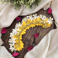 Vriksham Yellow With White Floral Crystal Style Golden Buds Gajra Flower Accessories-H1215