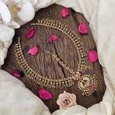 Vriksham Gold Look Alike Lakshmi Floral Double Side Maang Tikka-Red Green-Gold Bead-G19499