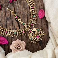 Vriksham Gold Look Alike Lakshmi Floral Double Side Maang Tikka-Red Green-Gold Bead-G19499