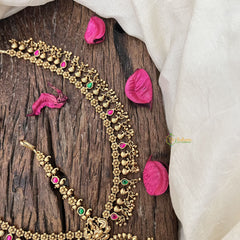 Vriksham Gold Look Alike Lakshmi Floral Double Side Maang Tikka-Red Green-Gold Bead-G19499