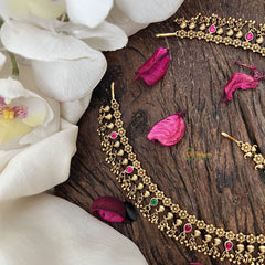 Vriksham Gold Look Alike Lakshmi Floral Double Side Maang Tikka-Red Green-Gold Bead-G19499