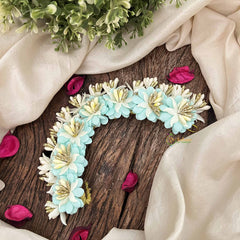 Vriksham Aqua Sky Blue With White Floral Crystal Style Golden Buds Gajra Flower Accessories-H1216