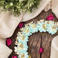 Vriksham Aqua Sky Blue With White Floral Crystal Style Golden Buds Gajra Flower Accessories-H1216
