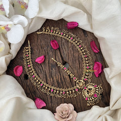 Vriksham Gold Look Alike Lakshmi Floral Double Side Maang Tikka-Red-Gold Bead-G19500