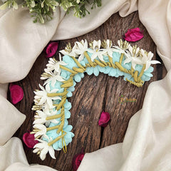 Vriksham Aqua Sky Blue With White Floral Crystal Style Golden Buds Gajra Flower Accessories-H1216