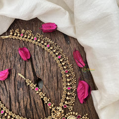 Vriksham Gold Look Alike Lakshmi Floral Double Side Maang Tikka-Red-Gold Bead-G19500