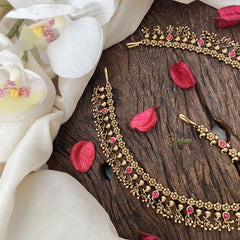 Vriksham Gold Look Alike Lakshmi Floral Double Side Maang Tikka-Red-Gold Bead-G19500