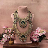 Vriksham Antique Gold Peacock Floral Naskhi With Lakshmi Bridal Set-Green Bead-Pearl-G21052