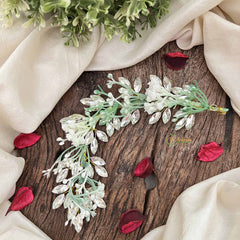 Vriksham White Floral Brown Crystal Beaded Style Broach Gajra Flower Accessories-H1220