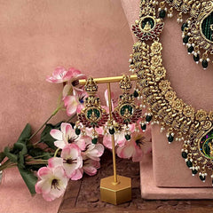 Vriksham Antique Gold Peacock Floral Naskhi With Lakshmi Bridal Set-Green Bead-Pearl-G21052