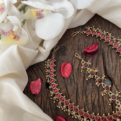 Vriksham Elegant Stone Floral Style Double side Maang Tikka-Red Green-Gold Bead-G19506