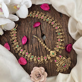 Vriksham Designer Dual Peacock& Gold Look Alike Lakshmi Double Side Maang Tikka-Red Green-Gold Bead-G19502