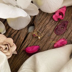 Vriksham Antique Floral AD Stone Nath/Nose pin-Pearl-Red-G17391