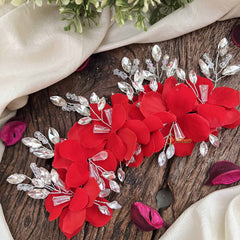 Vriksham Radish Red Rose Floral Crystal Leaf Beads Gajra Flower Accessories-H1211