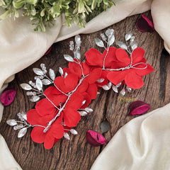 Vriksham Radish Red Rose Floral Crystal Leaf Beads Gajra Flower Accessories-H1211