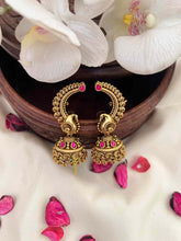 Vriksham Traditional Curved Peacock Ruby & Emerald Kemp Stones Jhumka Earcuff-Gold Bead-G22334