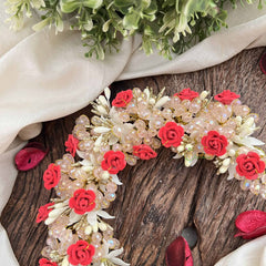 Vriksham Crystal beaded Pink Rose Hair Gajra With Golden Touch Flower Accessories-H1204