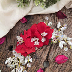 Vriksham Royal Red Rose Floral Crystal Leaf Beads Gajra Flower Accessories-H1210