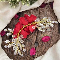 Vriksham Royal Red Rose Floral Crystal Leaf Beads Gajra Flower Accessories-H1210