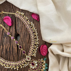 Vriksham Designer Half Moon Style Floral Double Side Maang Tikka-Red White-Green Bead-G19510