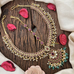 Vriksham Designer Half Moon Style Floral Double Side Maang Tikka-Red White-Green Bead-G19510