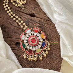 Unique Jadau Kundan Navrathna Chakkra Pendant Chain-Pearl-J2366