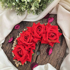 Vriksham Artificial Maroon Rose With Golden Accent Hair Bun Flower Accessories-H1198