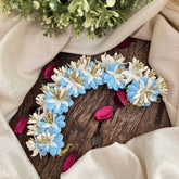 Vriksham Aqua Blue With White Floral Crystal Style Golden Buds Gajra Flower Accessories-H1217