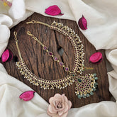 Vriksham Designer Half Moon Style Floral Double Side Maang Tikka-Red-Green Bead-G19509