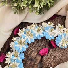 Vriksham Aqua Blue With White Floral Crystal Style Golden Buds Gajra Flower Accessories-H1217