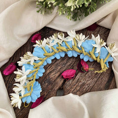 Vriksham Aqua Blue With White Floral Crystal Style Golden Buds Gajra Flower Accessories-H1217