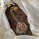 Jadau Kundan Dual Peacock Pendant Chain-Aqua Green Bead-J2383