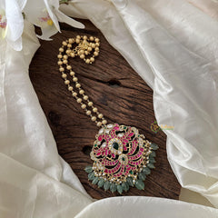 Jadau Kundan Dual Peacock Pendant Chain-Aqua Green Bead-J2383