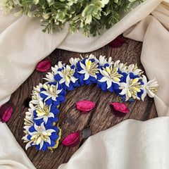Vriksham Blue With White Floral Crystal Style Golden Buds Gajra Flower Accessories-H1218