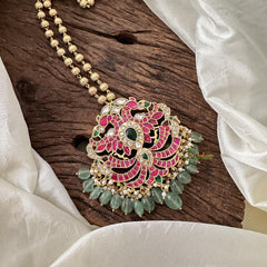 Jadau Kundan Dual Peacock Pendant Chain-Aqua Green Bead-J2383