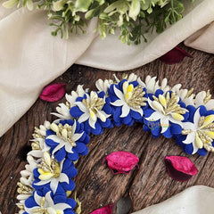 Vriksham Blue With White Floral Crystal Style Golden Buds Gajra Flower Accessories-H1218
