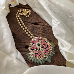 Jadau Kundan Dual Peacock Pendant Chain-Aqua Green Bead-J2383