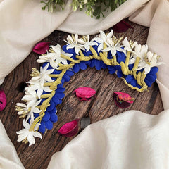 Vriksham Blue With White Floral Crystal Style Golden Buds Gajra Flower Accessories-H1218