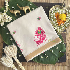 Vriksham Kasavu Cotton Saree Embroidered-Pink Peacocok Feather-VS4336