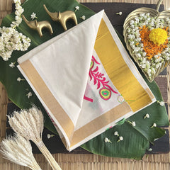 Vriksham Kasavu Cotton Saree Embroidered-Pink Peacocok Feather-VS4336